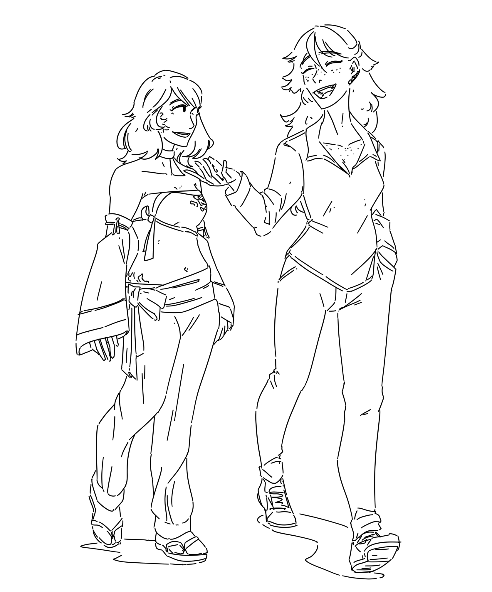 A drawing of two women walking leisurely next to each other, chatting to each other merrily. The one on the left is Tae-sung, and the one on the right is Yukari.